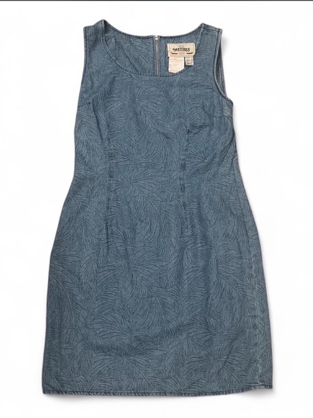 Vintage 80s Sleeveless Blue Textured Denim-Style Skater Sheath Dress